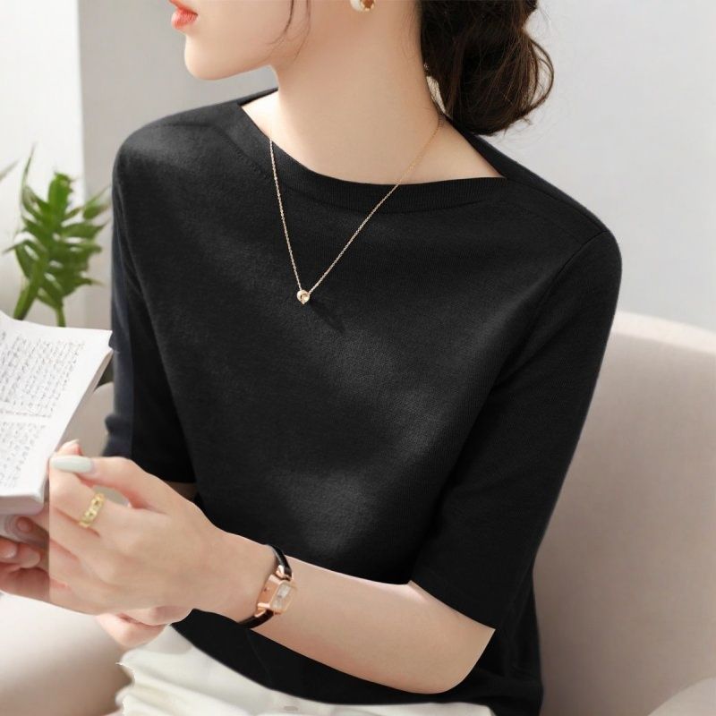 氣質百搭螺紋一字領修身顯瘦中袖打底衫-Cicimode