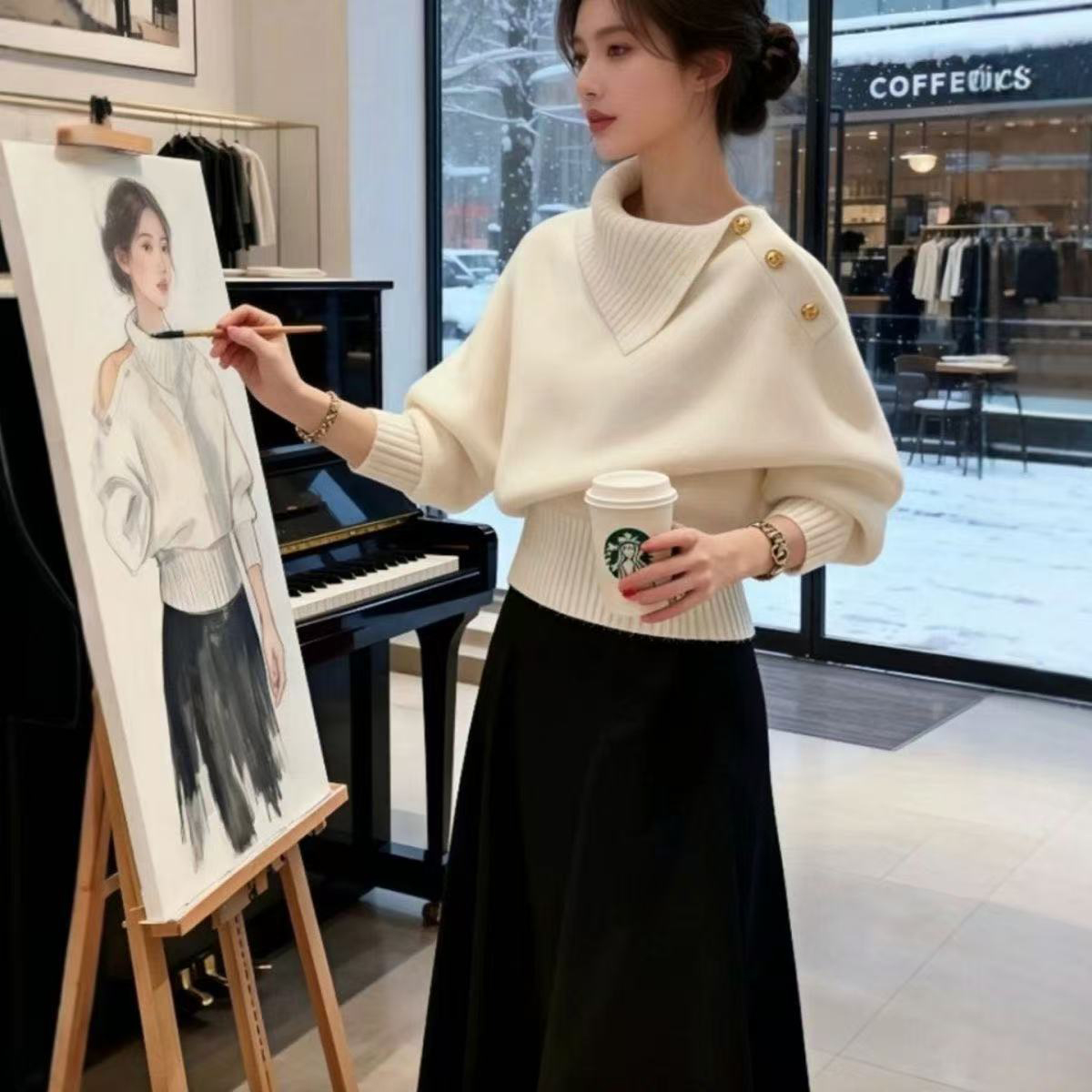 高級感韓系慵懶可外穿不規則翻領針織毛衣