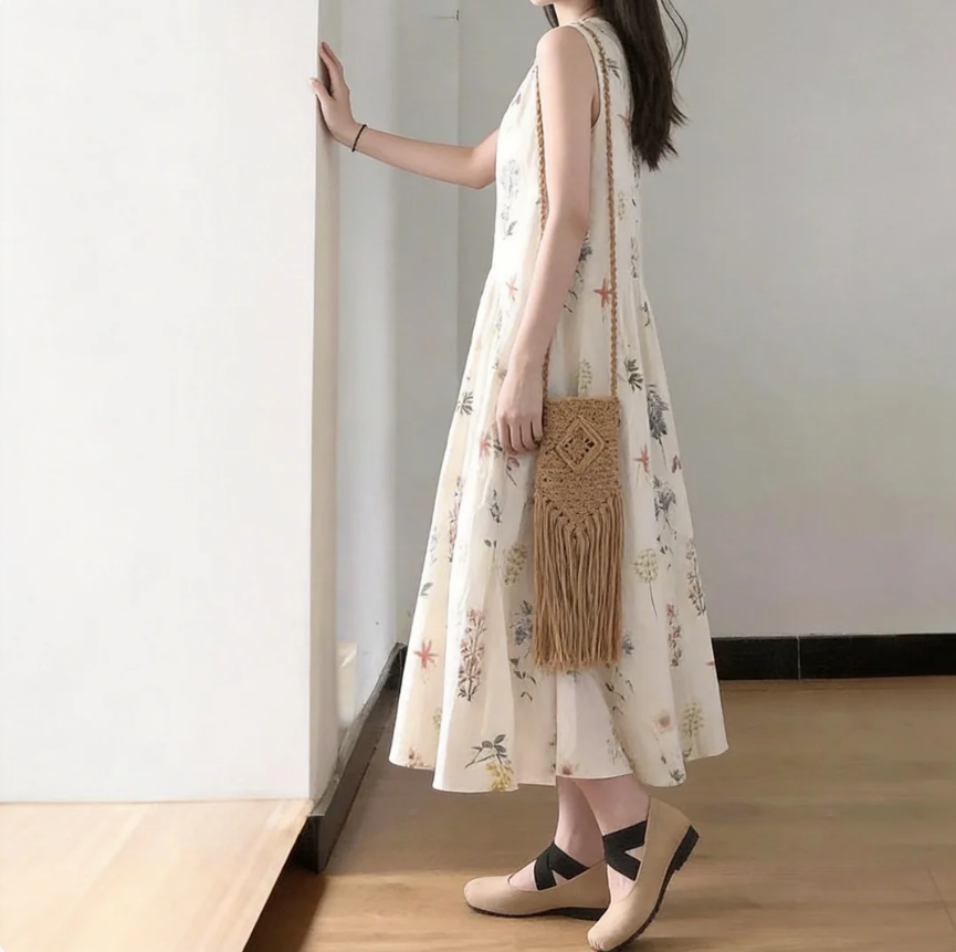 法式茶歇圓領碎花氣質寬鬆顯瘦無袖洋裝