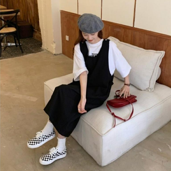 【單件/套裝】日系洋氣顯瘦減齡寬松遮肚背帶裙+印花短袖T恤兩件套