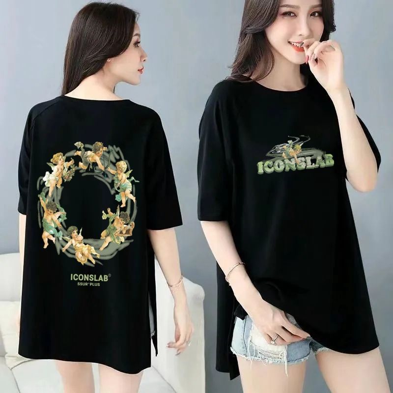 韓版寬鬆印花中長款兩邊開叉短袖T恤-Cicimode