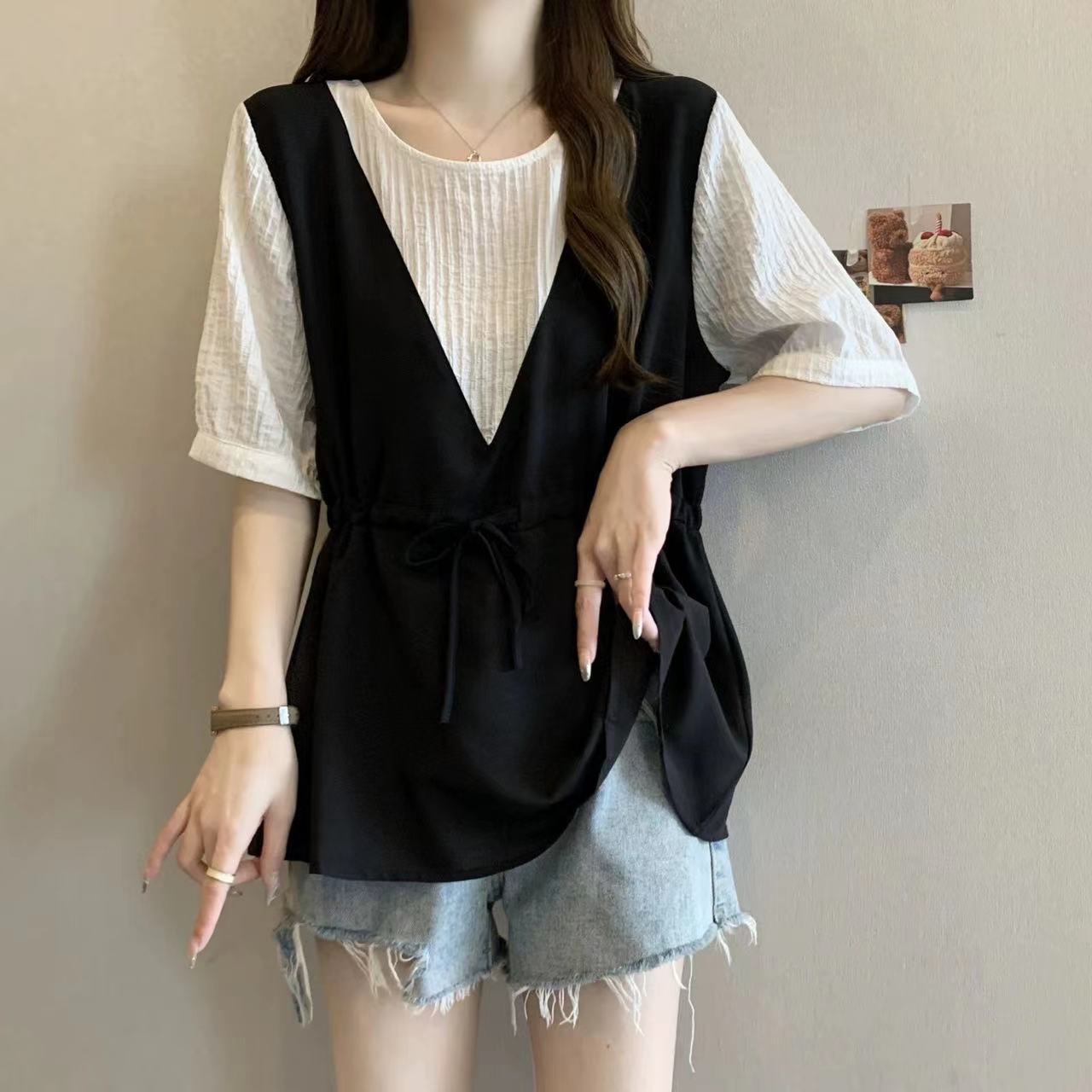 韓版假兩件設計感撞色收腰系帶顯瘦短袖-Cicimode