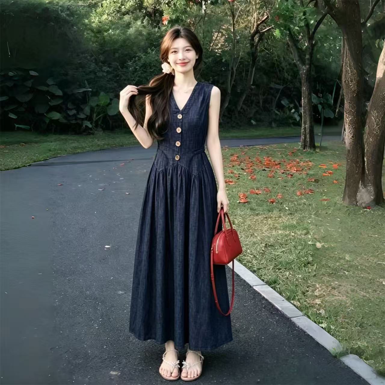 韓系收腰氣質復古簡約深藍牛仔無袖高知洋裝