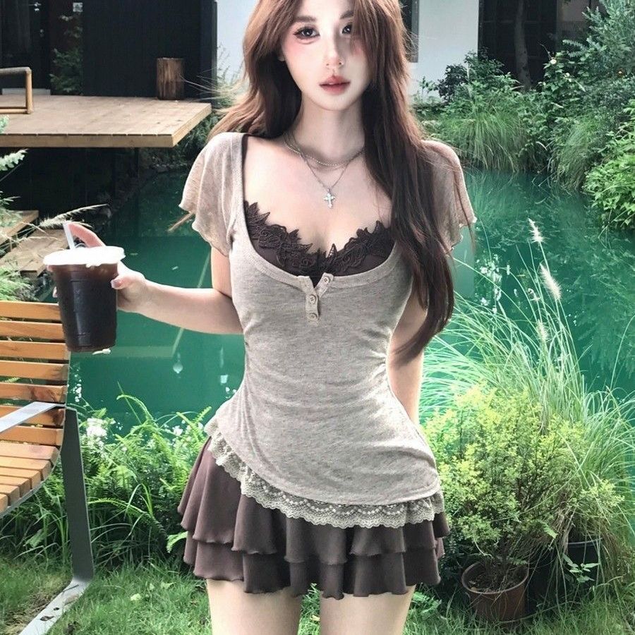 【單件/套裝】絕美巨好看掐腰顯瘦辣妹短袖冰絲罩衫+洋裝兩件套