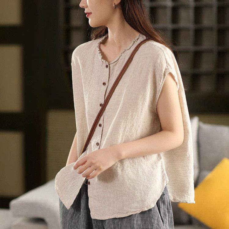 重工棉麻木耳領復古單排扣百搭無袖襯衫