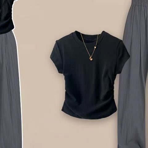 【單件/套裝】韓系簡約百搭純棉正肩T恤+寬鬆闊腿褲兩件套裝-Cicimode