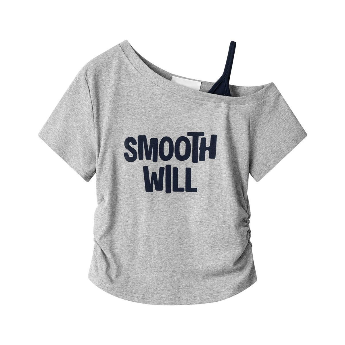 假兩件斜肩露肩洋氣收腰顯瘦印花短袖T恤-Cicimode