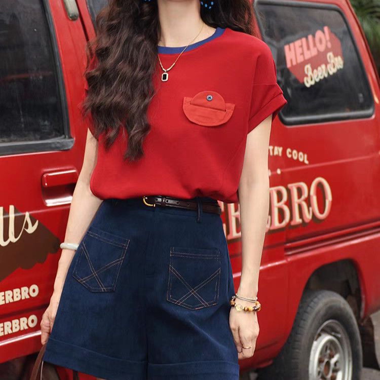 【單件/套裝】休閒寬鬆顯瘦復古設計感T恤+闊腿短褲兩件套裝