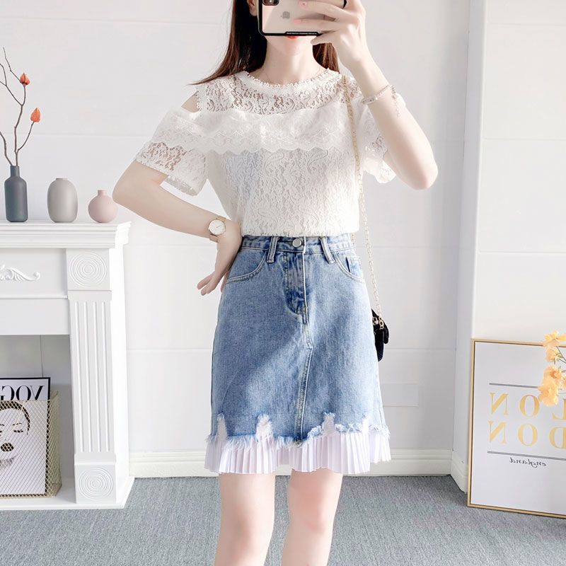 【單件/套裝】氣質溫柔風蕾絲拼接短袖+時尚牛仔半身裙兩件套裝