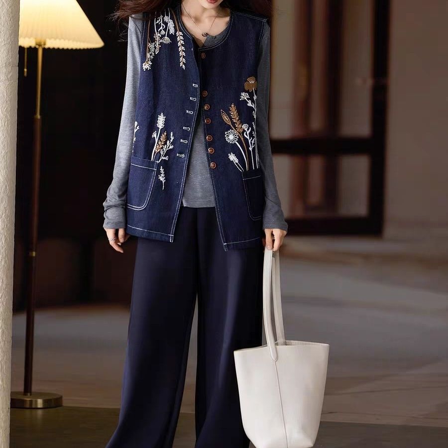 氣質刺繡大碼洋氣寬鬆牛仔馬甲外套