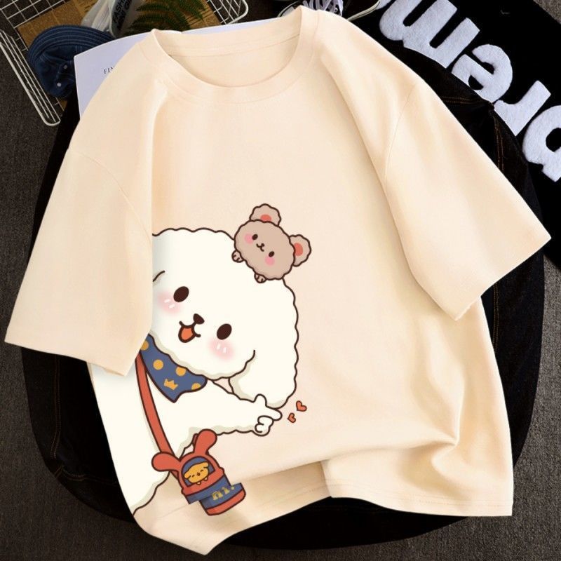 多色純棉可爱印花宽松圆领短袖T恤-Cicimode