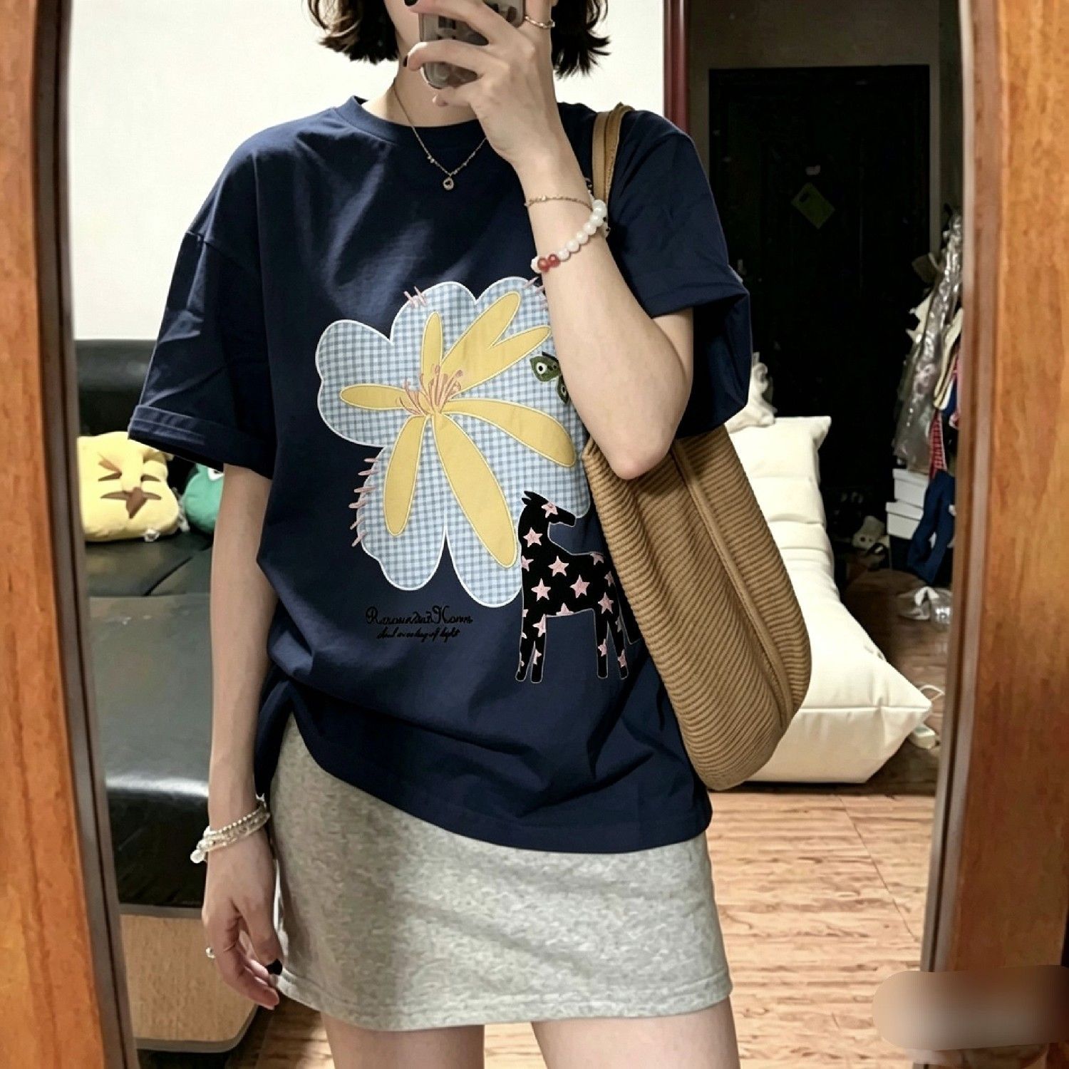 大碼遮肚顯瘦中長款休閒百搭印花純棉短袖