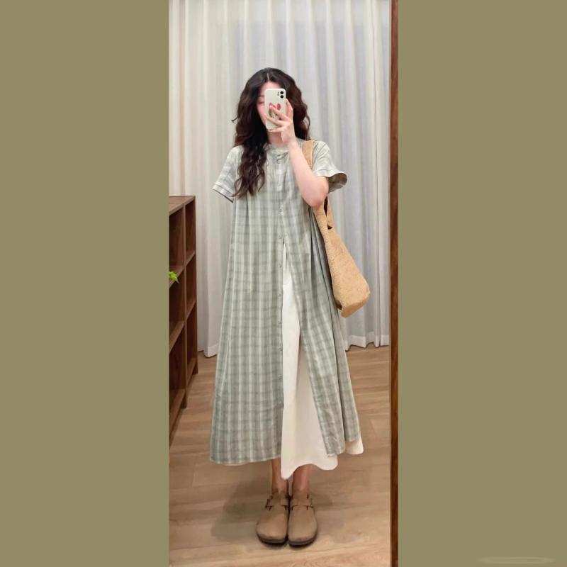【單件】溫柔復古中長款格紋襯衫連身裙+寬鬆氣質半身裙兩件套裝-Cicimode