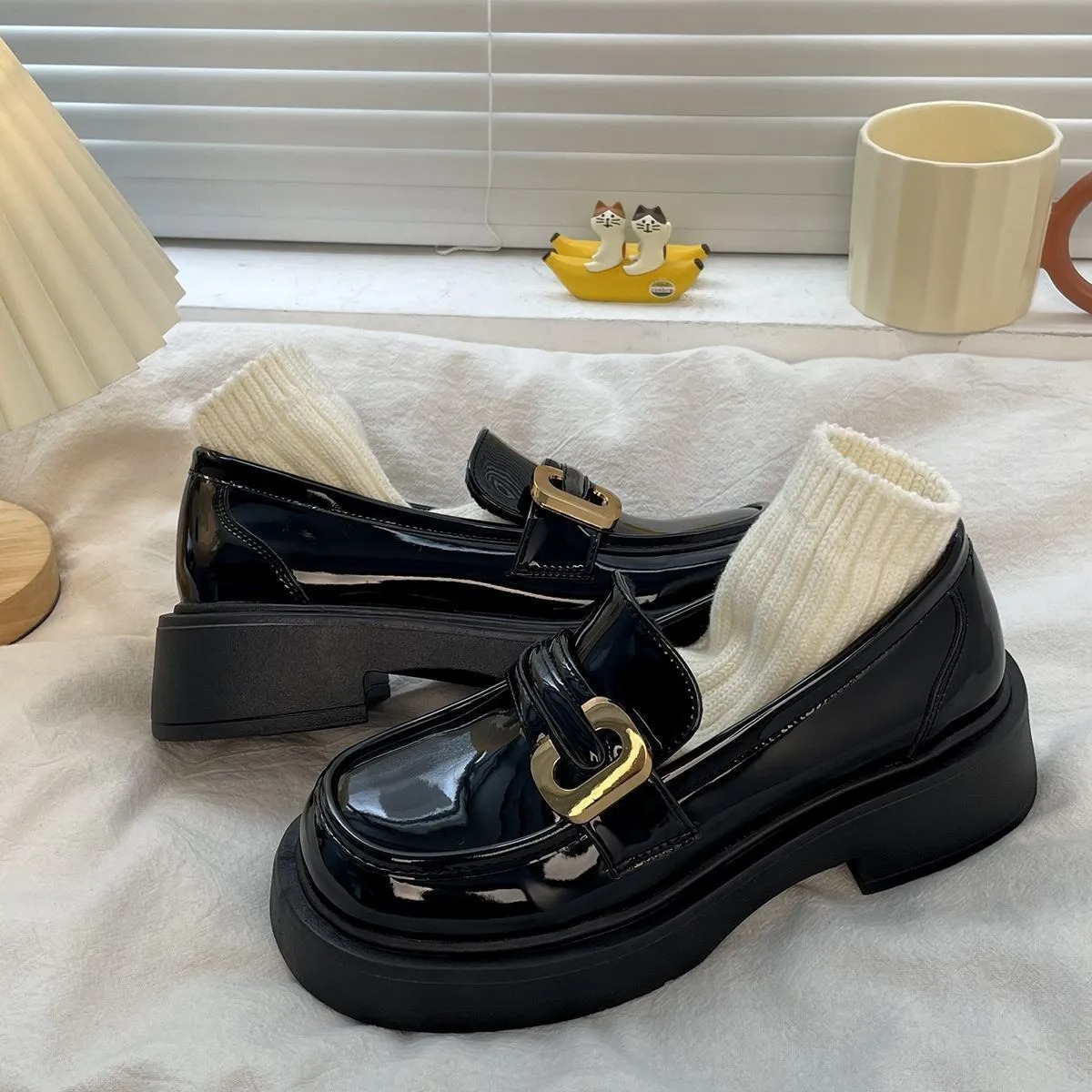 英倫風復古百搭厚底樂福鞋小皮鞋圓頭單鞋