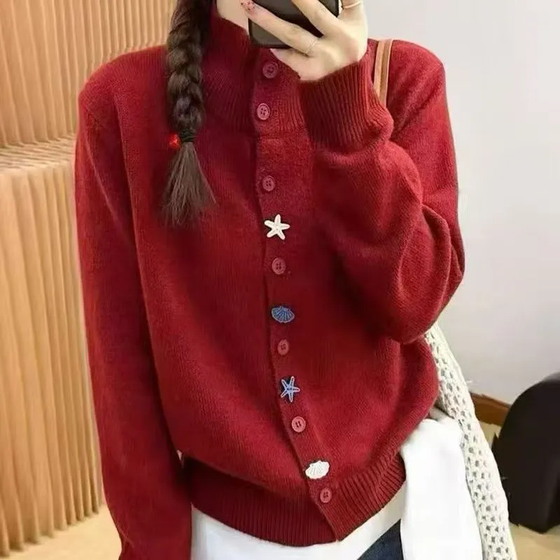 慵懶休閒高領正肩大碼顯瘦減齡海星扣針織開衫