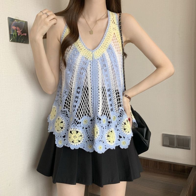 波西米亞設計感撞色可疊穿鏤空吊帶背心