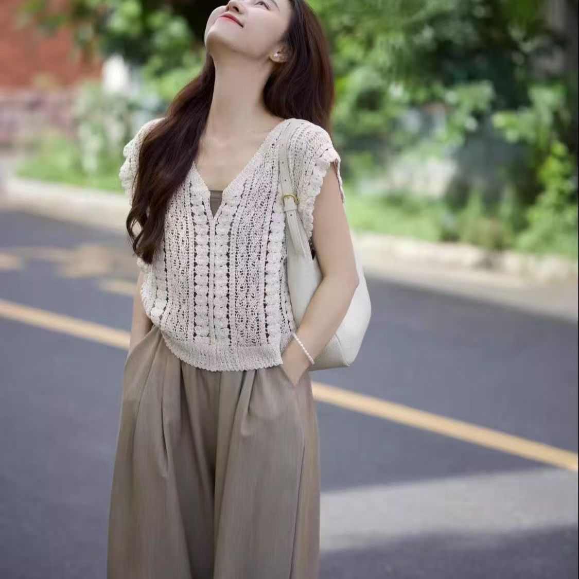 【單件/套裝】韓系顯瘦吊帶+罩衫+闊腿褲三件套裝-Cicimode