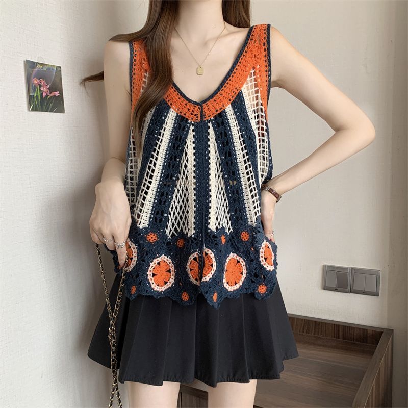 波西米亞設計感撞色可疊穿鏤空吊帶背心