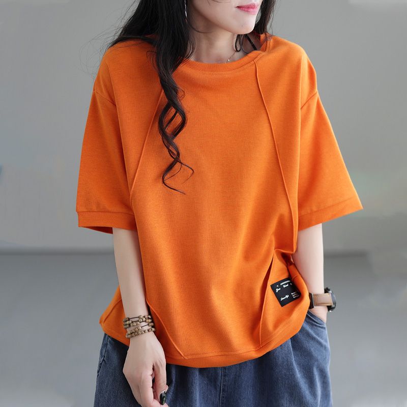 文藝純棉寬鬆復古圓領拼接短袖T恤-Cicimode