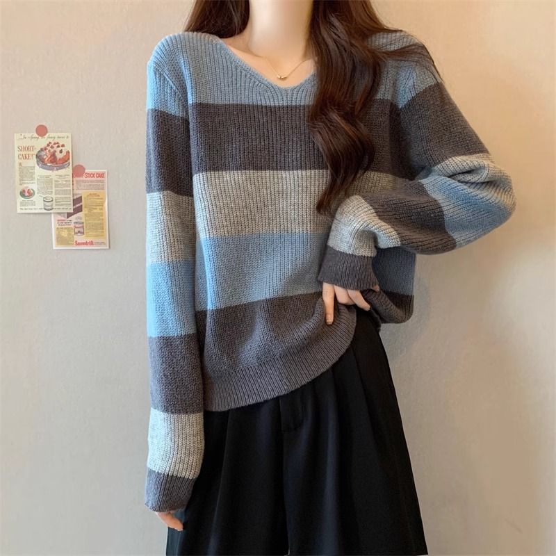 3色復古慵懶風寬鬆v領條紋針織衫-Cicimode