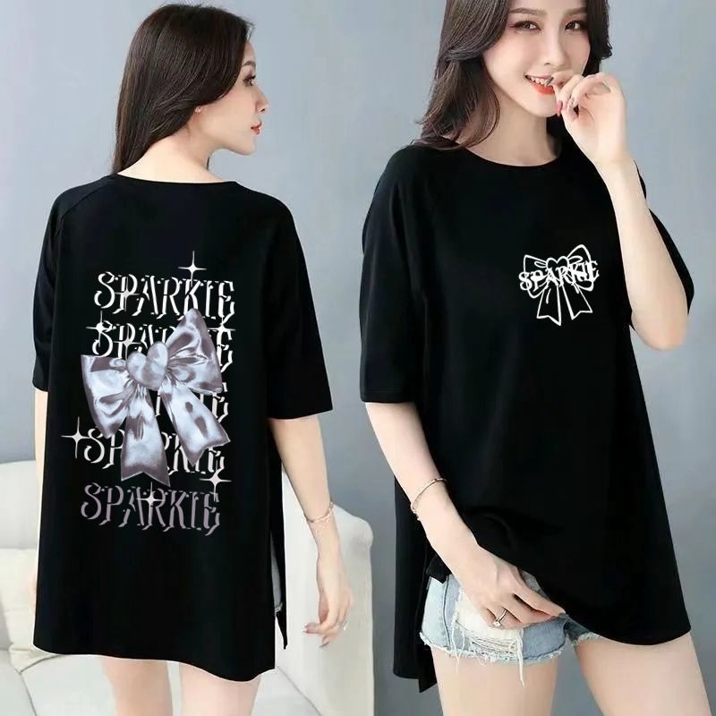 韓版寬鬆印花中長款兩邊開叉短袖T恤-Cicimode