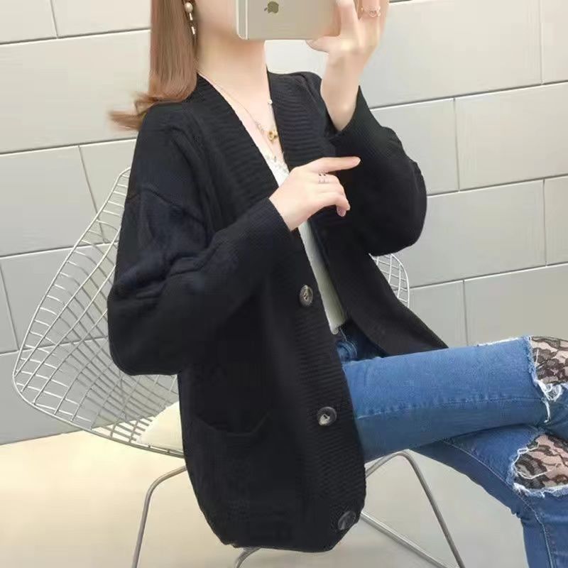 慵懶風V領麻花針織開衫寬鬆百搭毛衣外套-Cicimode