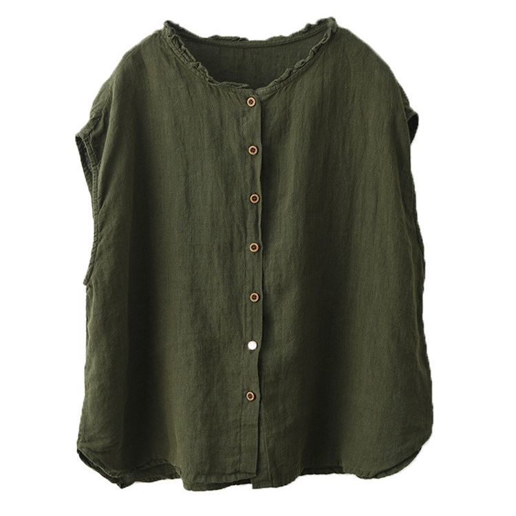 重工棉麻木耳領復古單排扣百搭無袖襯衫