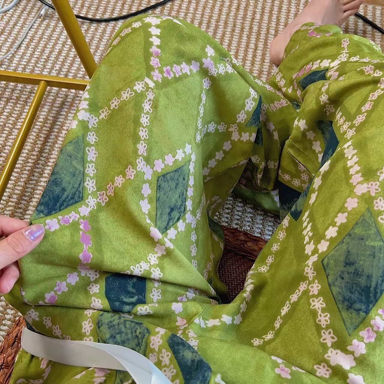 甜美印花波西米亞吸濕排汗寬鬆休閒闊腿九分褲