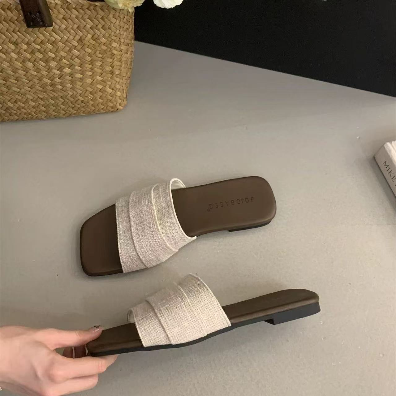 韓系海邊度假沙灘仙女風外穿平底褶皺一字涼拖鞋