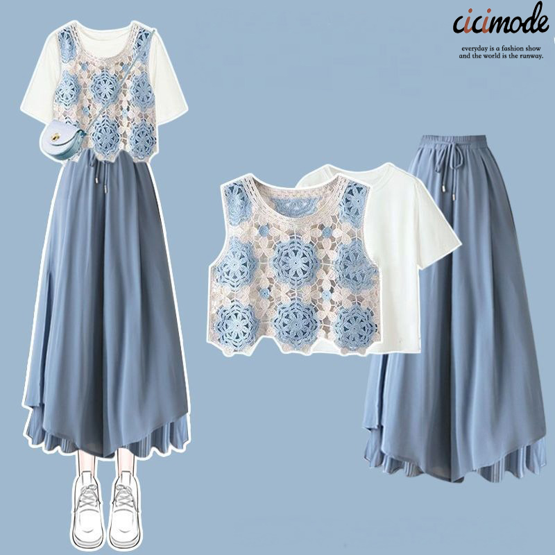 【單件/整套】度假風洋氣馬甲+短袖+顯瘦休閒闊腿褲兩件套裝-Cicimode