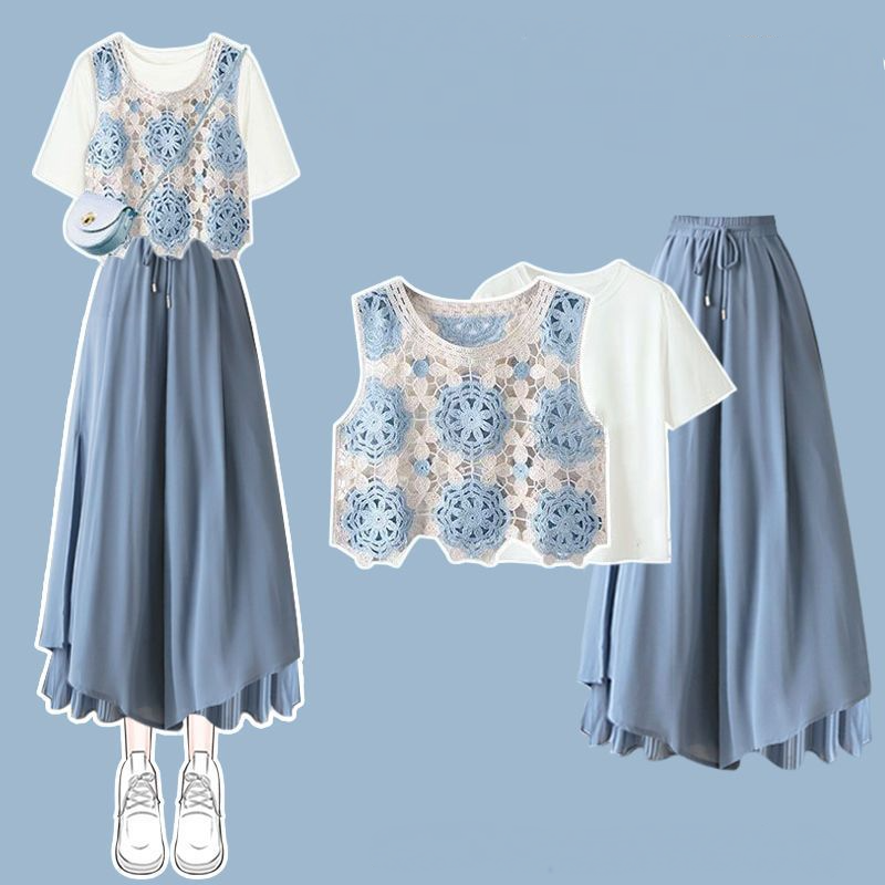 【單件/整套】度假風洋氣馬甲+短袖+顯瘦休閒闊腿褲兩件套裝-Cicimode