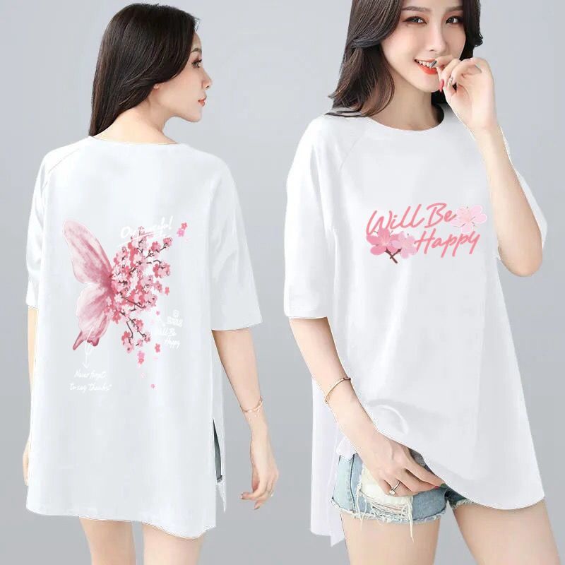 韓版寬鬆印花中長款兩邊開叉短袖T恤-Cicimode