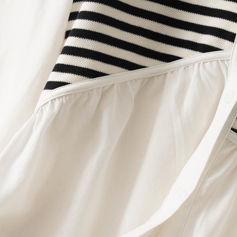 特大碼寬鬆POLO領針織拼接休閒中長版長袖襯衫