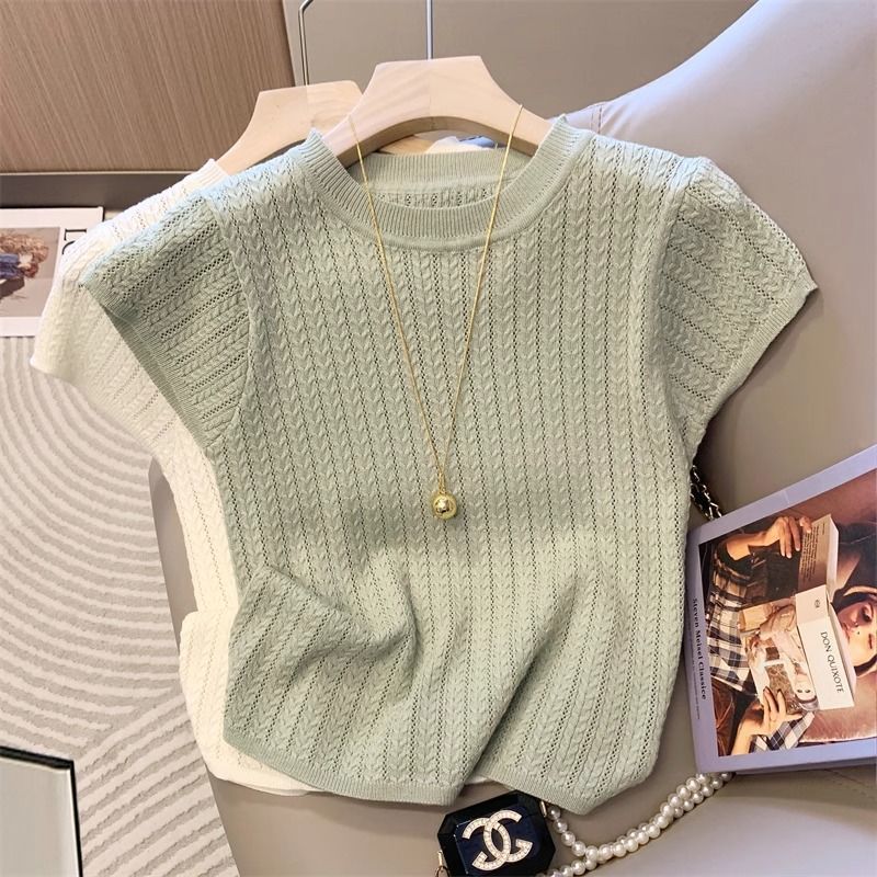 法式鏤空冰絲針織圓領寬鬆小飛袖短袖T恤-Cicimode