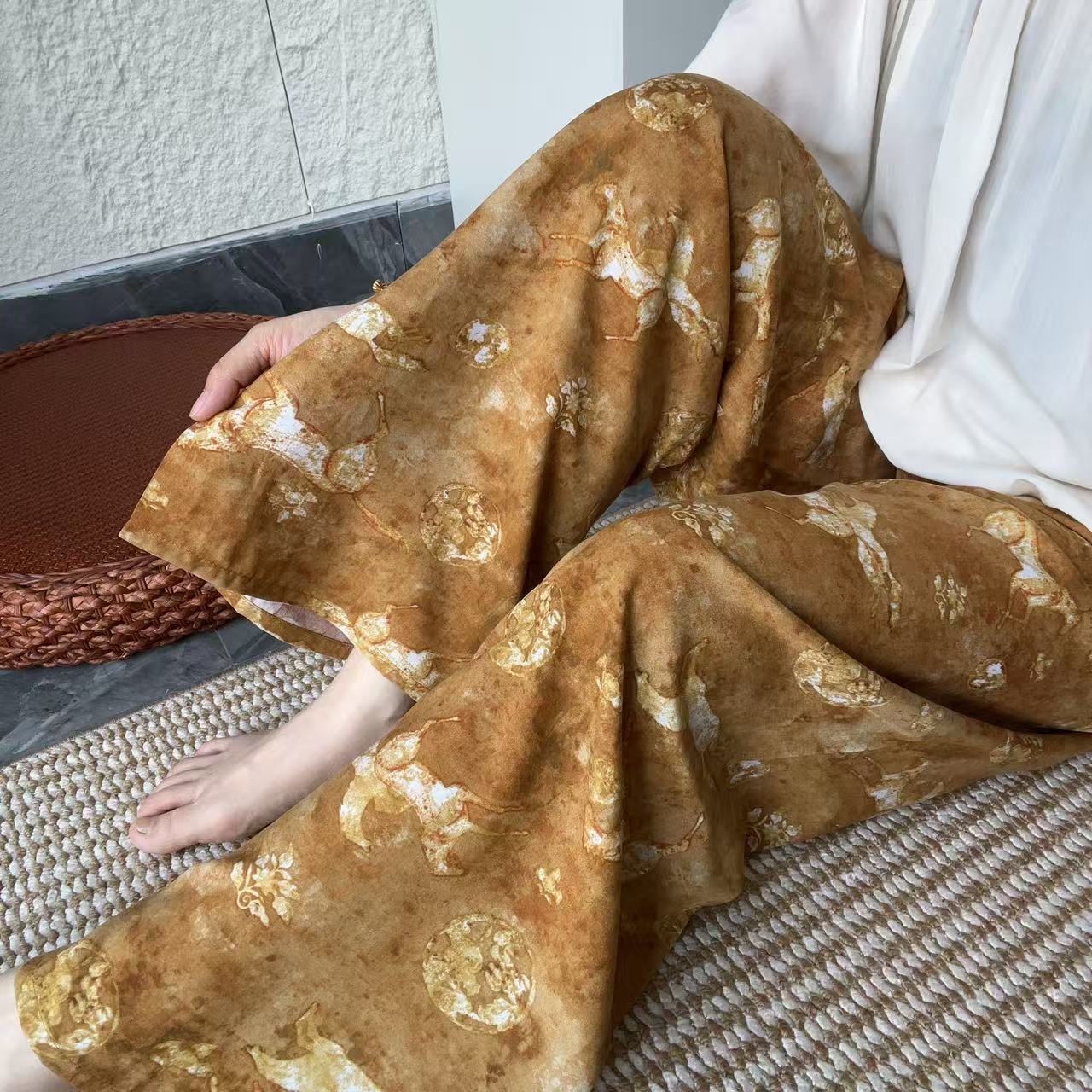 甜美印花波西米亞吸濕排汗寬鬆休閒闊腿九分褲