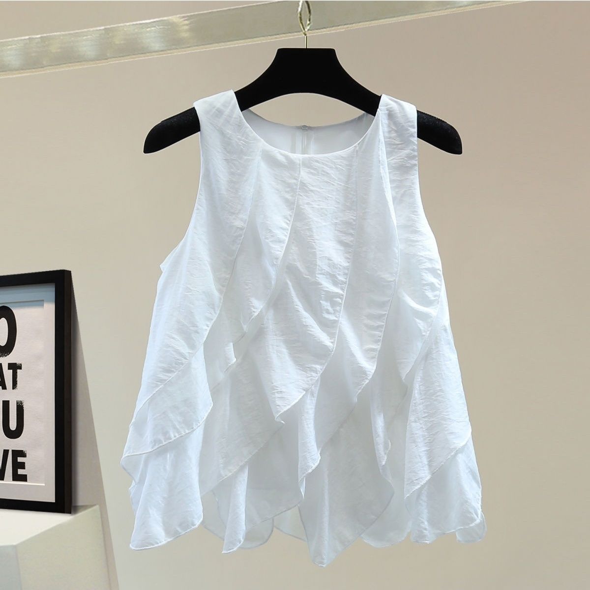 荷葉邊拼接寬鬆顯瘦純色圓領拉鍊背心-Cicimode