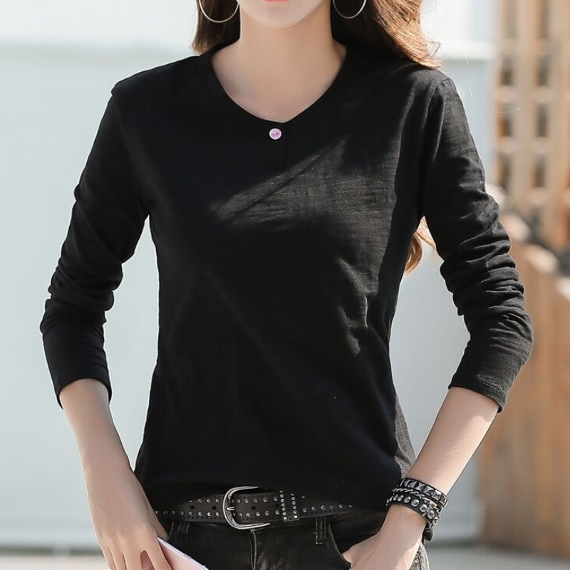 多色韓版簡約修身顯瘦減齡百搭紐扣圓領長袖