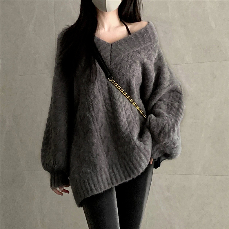 【單件/套裝】溫柔鹽系韓版慵懶風v領麻花毛衣+黑色針織褲兩件套-Cicimode