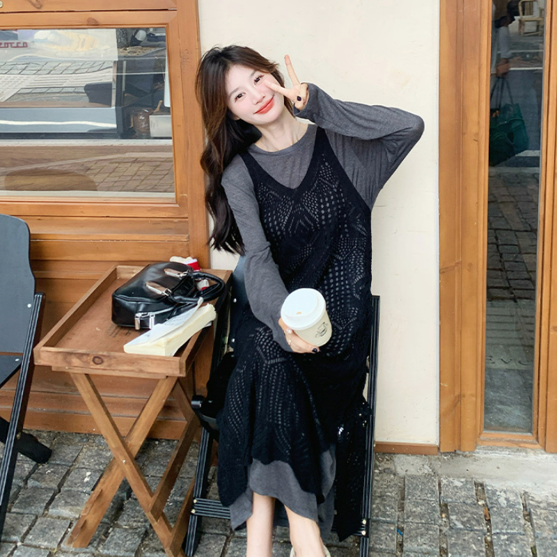 【單件/套裝】氛圍感疊穿鏤空罩衫+慵懶寬鬆連身裙兩件套裝-Cicimode