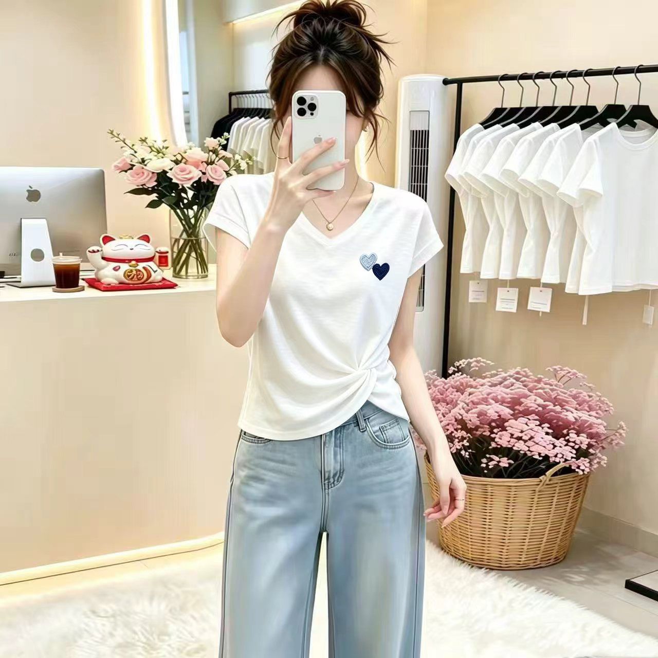 薄款竹節棉V領扭結修身顯瘦簡約印花休閒百搭T恤