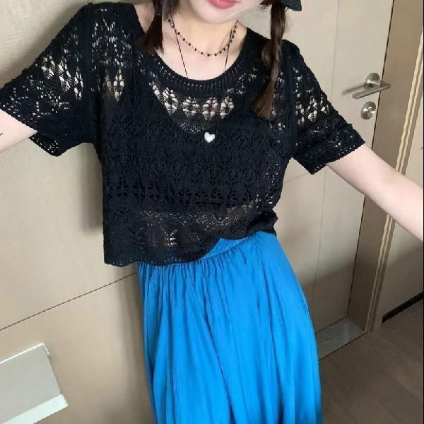 小香風鉤花鏤空清爽透氣設計感氣質百搭針織衫短袖