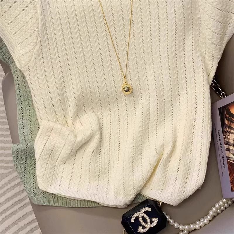 法式鏤空冰絲針織圓領寬鬆小飛袖短袖T恤-Cicimode