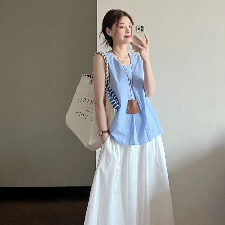 【單件/套裝】韓系溫柔風甜美藍色無袖背心+高腰半身裙兩件套