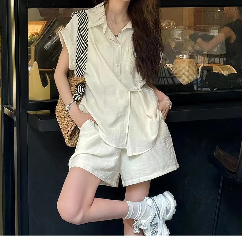 【整套】洋氣不規則設計感短袖襯衫+休閑百搭短褲兩件套