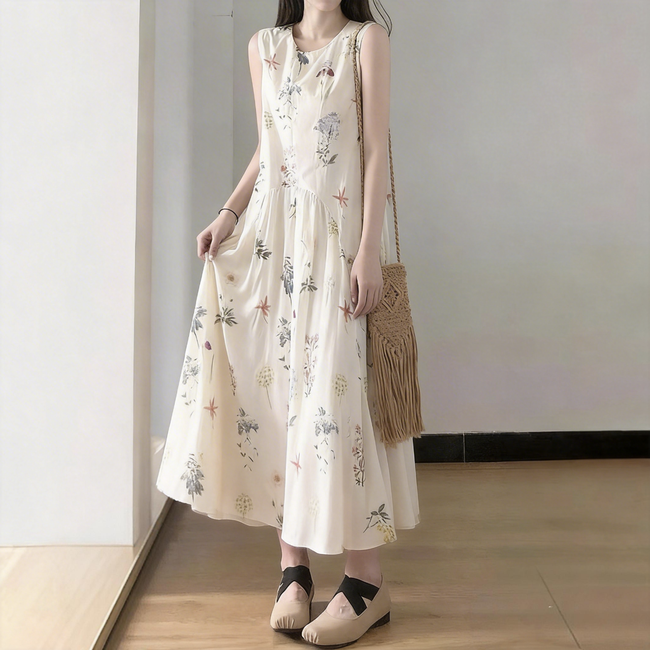 法式茶歇圓領碎花氣質寬鬆顯瘦無袖洋裝