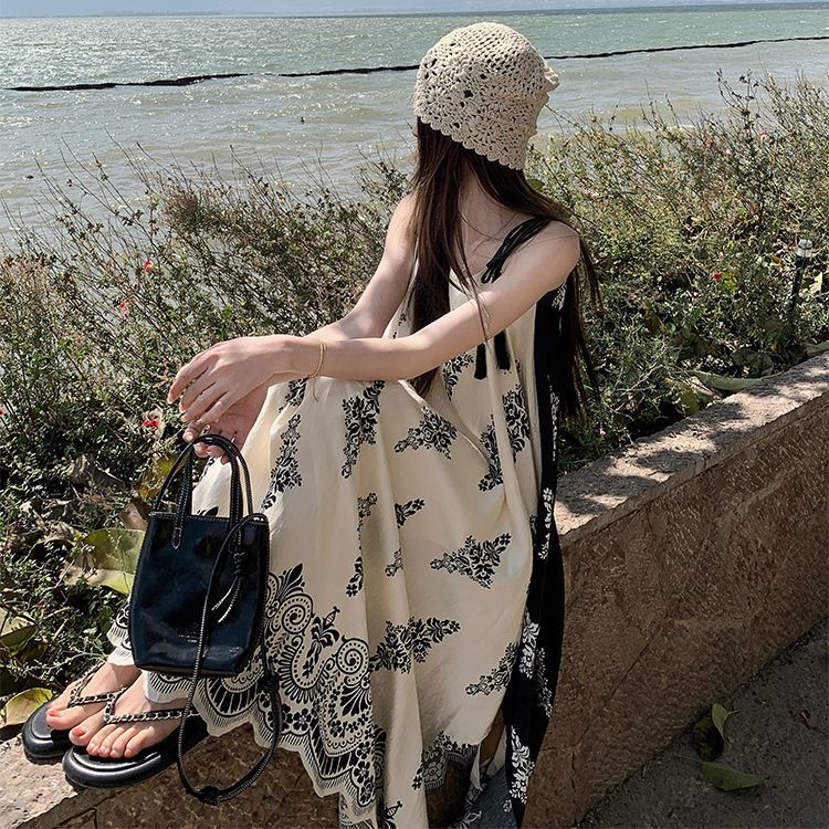 復古印花寬松設計顯瘦新中式度假吊帶洋裝