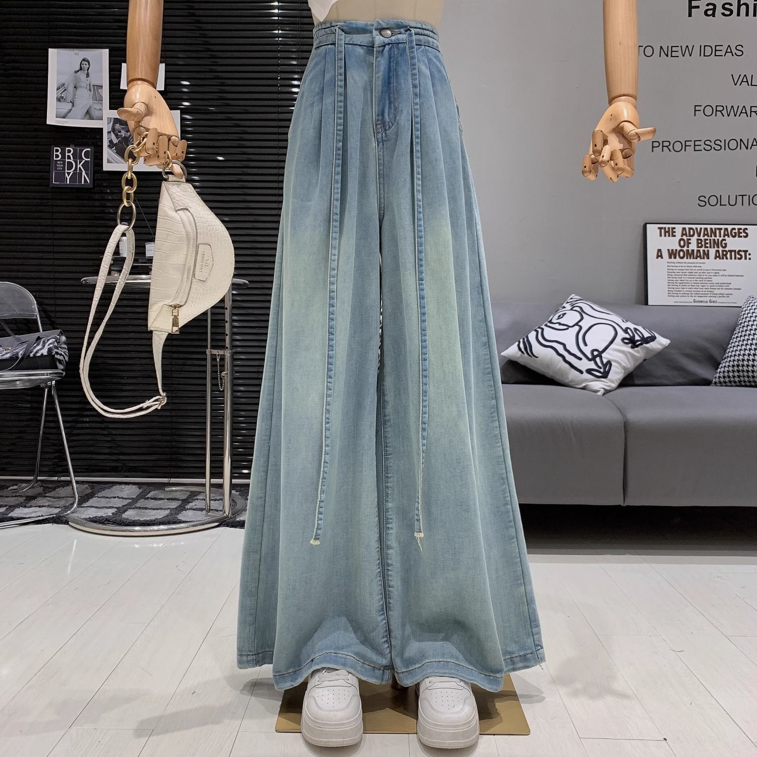 水洗做舊抽繩寬鬆高腰垂感牛仔拖地闊腿褲-Cicimode