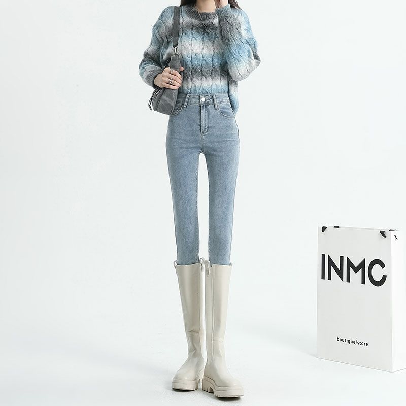 淺藍休閒彈力高腰修身顯瘦小腳牛仔褲