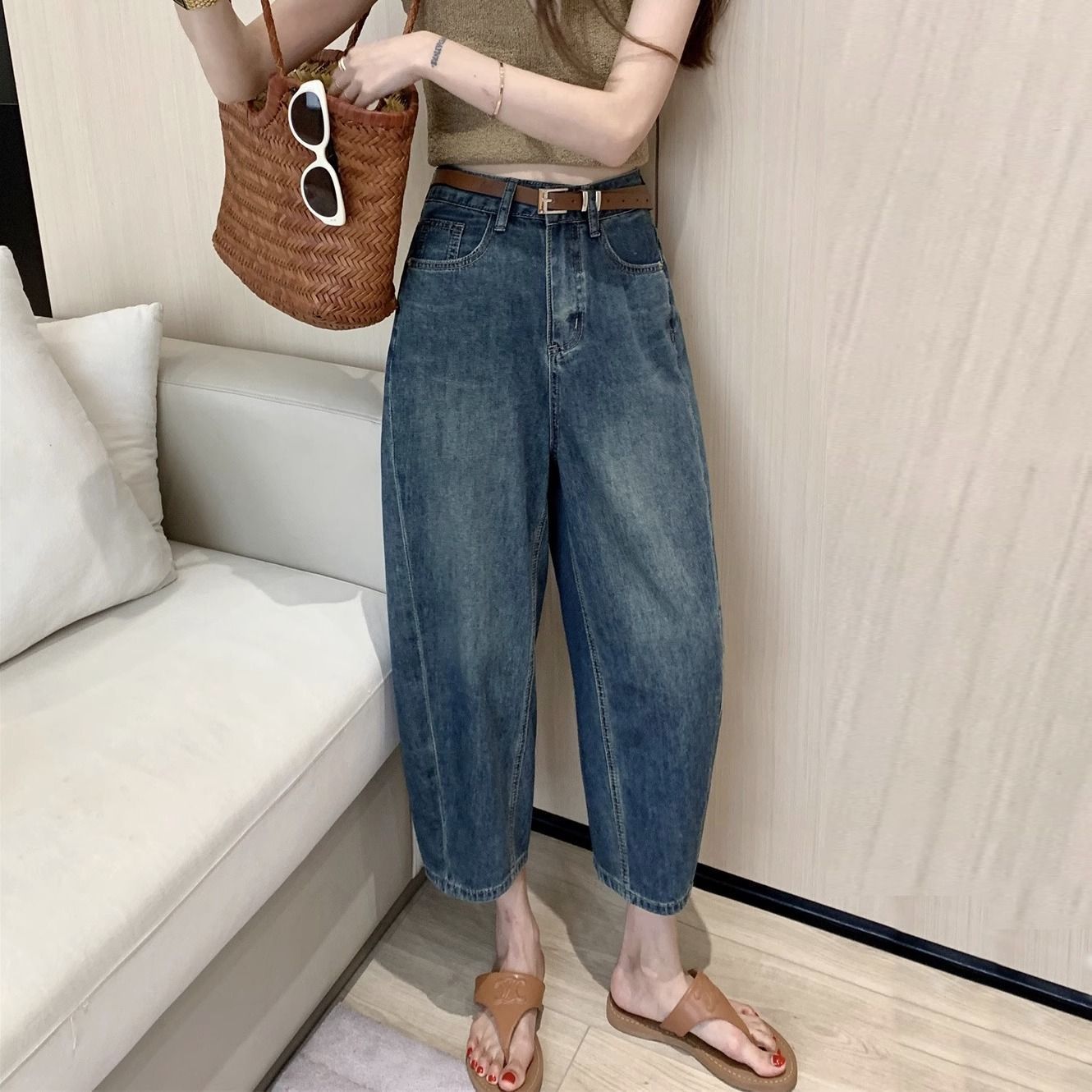 超薄顯瘦~ 香蕉褲哈倫褲高腰顯瘦百搭牛仔褲女深藍夏季小個子