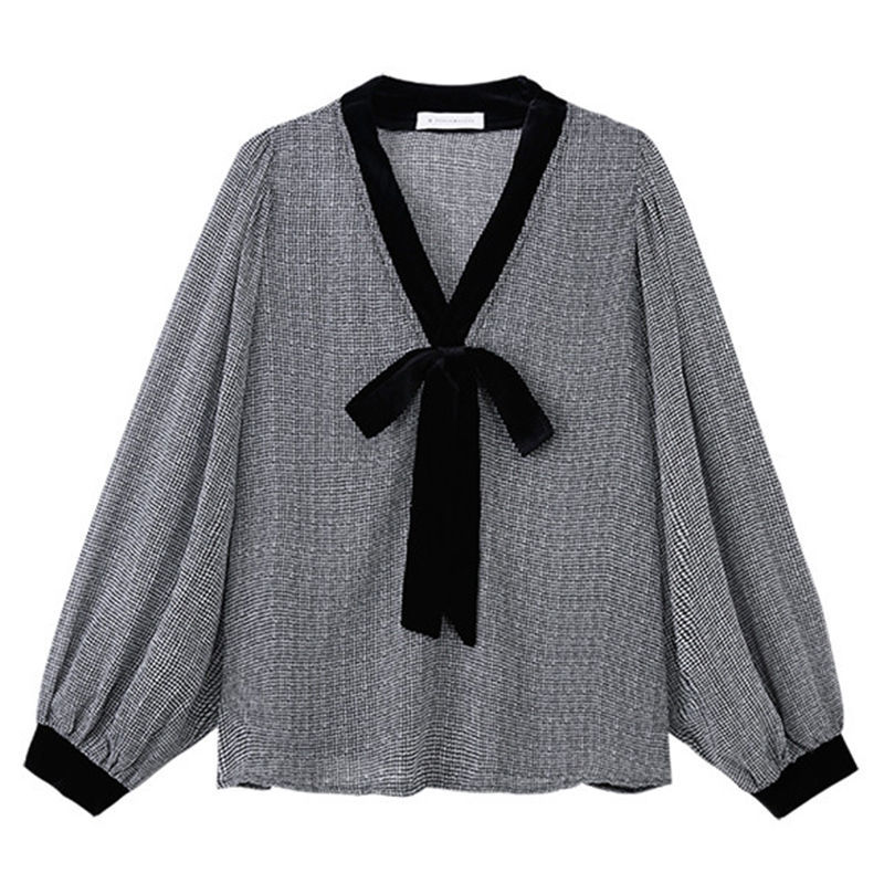 洋氣文藝甜美蝴蝶結V領雪紡襯衫